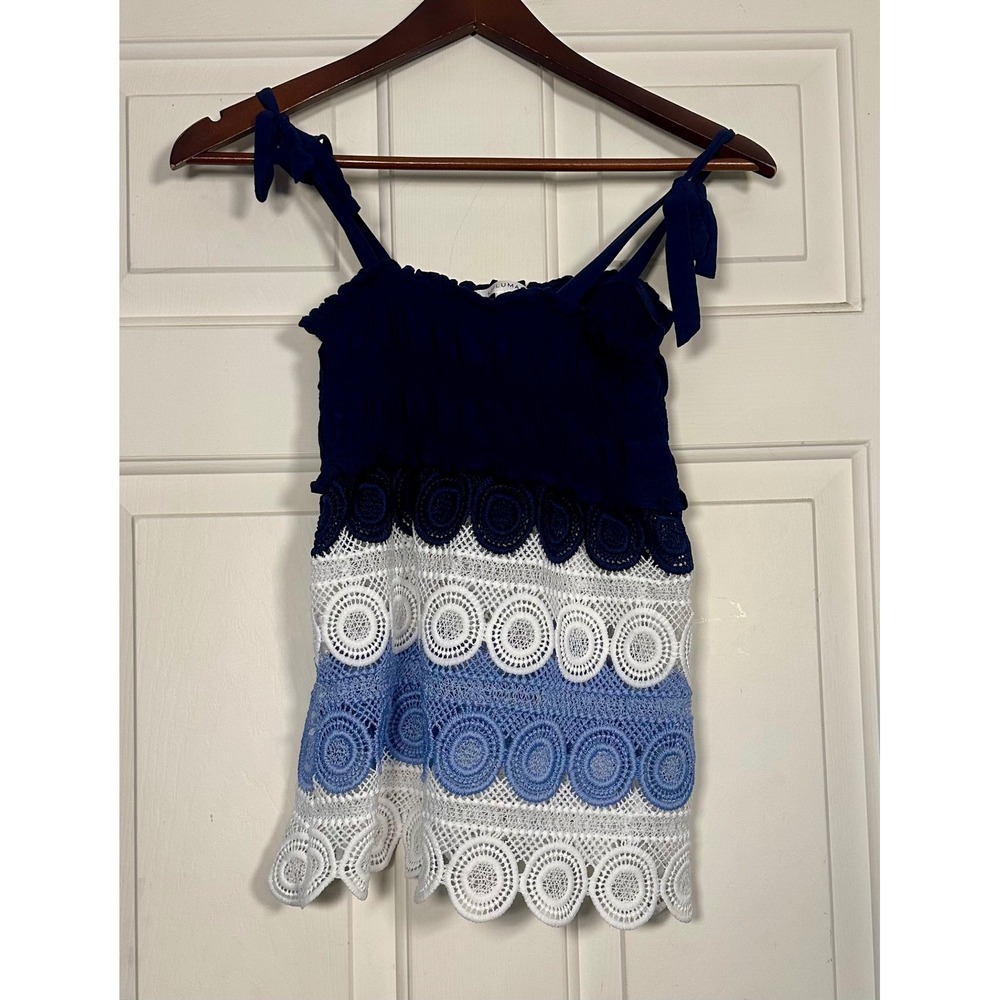 Lulumari‎ S Navy Blue Smocked Crochet Lace Tie Strap Camisole Boho Festival Top
